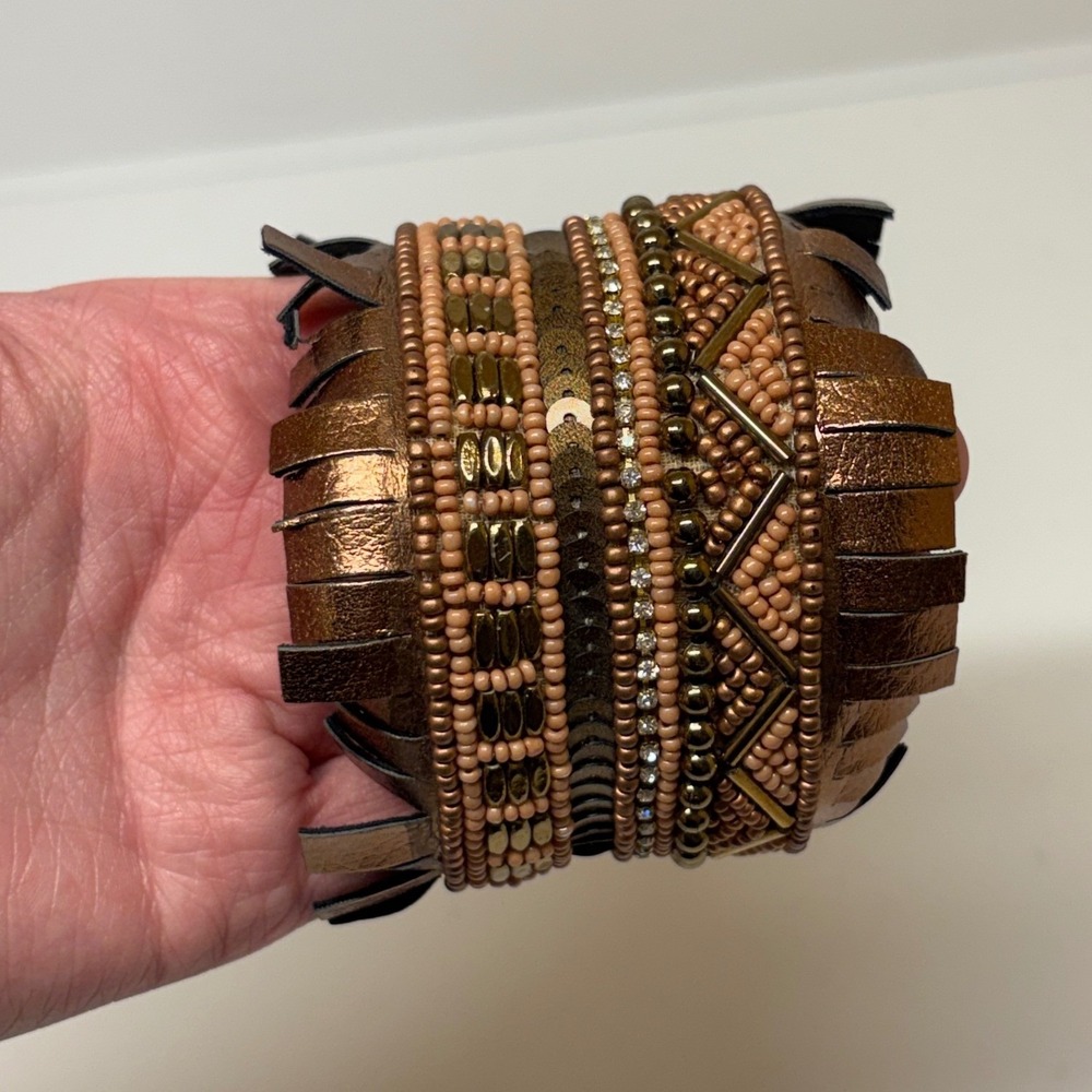 Bronze Metallic Faux Leather Beaded Fringe Wide Cuff Bracelet Boho Statement